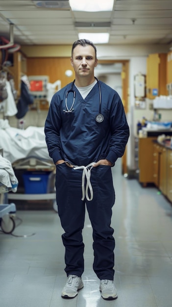 Man in scrub in ziekenhuiskamer