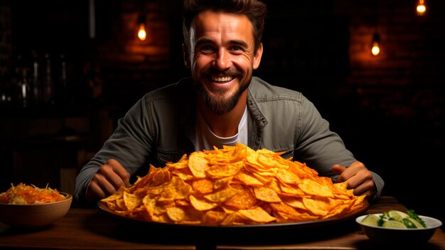 Foto man in shirt die nachos eet