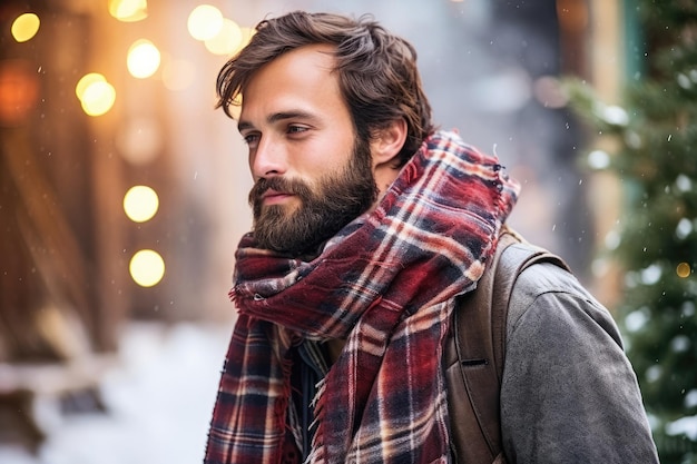 Man in sjaal deelt kerstvakantie