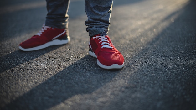 Man in sneakers loopt op een zonnige dag over straat