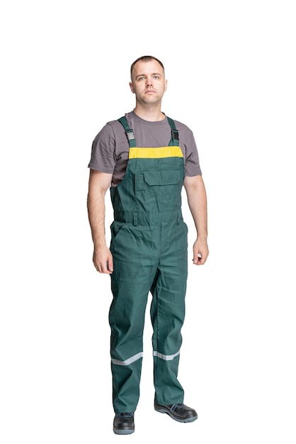 Foto man in speciale kleding voor arbeiders op een witte geïsoleerde achtergrond een man in uniform