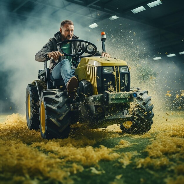 Man in tractor luchtend voetbalveld Echt mens