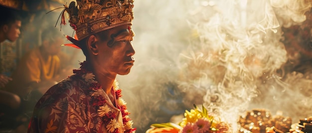 写真 バリの伝統的な衣装を着た男性がバリの儀式に出席する