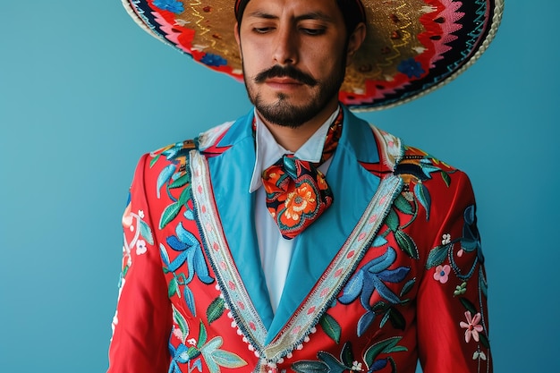 Man in traditionele Mexicaanse kleding met een sombrero op een blauwe achtergrond