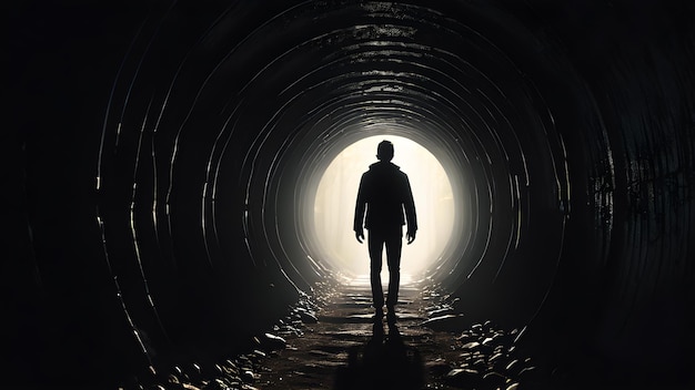 man in tunnel Concept of conceptuele donkere tunnel met een helder licht aan het einde of uitgang als metafoor voor succes geloof toekomst of hoop een zwart silhouet van de man die loopt naar nieuwe kansen of vrijheid