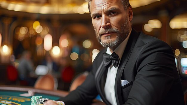 Foto man in tuxedo zit aan de pokertafel