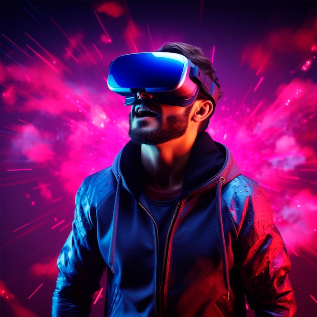 Man in virtuele bril foto neon achtergrond