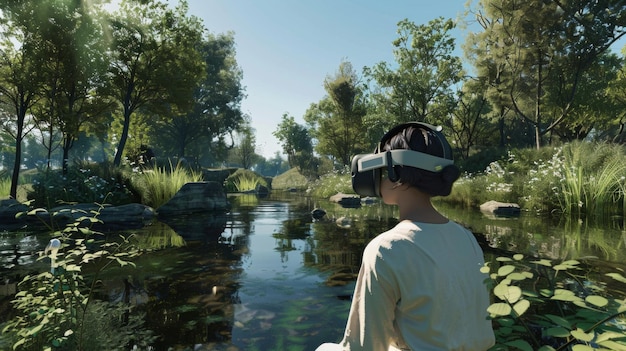 Foto man in virtuele realiteit headset bij rivier