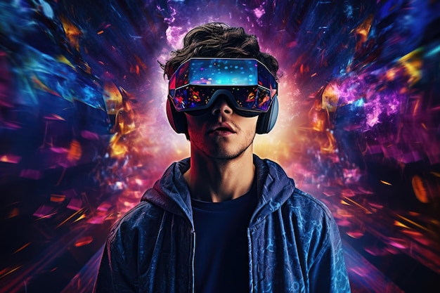 Man in VR-bril op een neon kleurrijke achtergrond futuristische illustratie Verrassende jongen kijkt naar virtuele realiteit