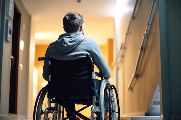 写真 車椅子に乗った男が廊下を下りて障害者の孤独を示す独立した移動能力