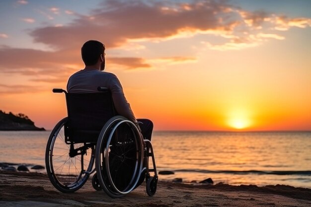 写真 夕暮れに魅了された車椅子の男