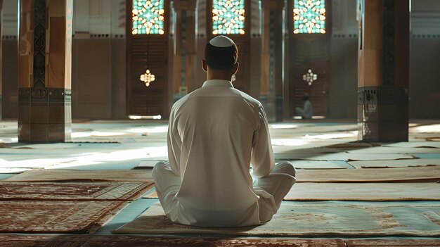 사진 옷을 입은 남자가 빛으로 빛나는 모스크 내부에서 명상하고 있습니다. 평화로운 영적 분위기는 상적인 순간에 포착되었습니다.