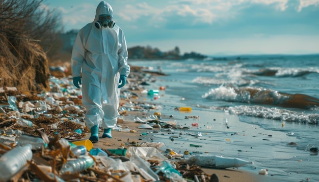 写真 man in white suit walking on trashfilled beach