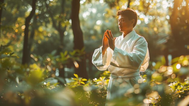 Man in witte gewaden beoefent Qigong-meditatie in een zonnig bos Spiritueel ontwaken