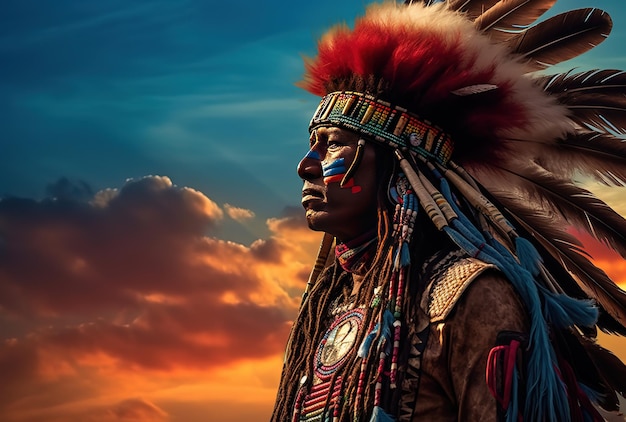 A man in indian attire stands in front of a sunset.