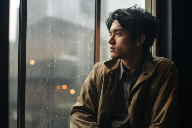 Photo man indonesian melancholy muse portrait worried window