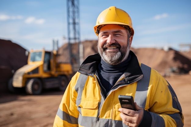 Man Industry worker use walkie talkie on sand quarry engineer