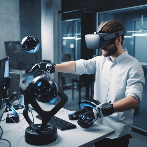 Man innovation engineer glasses virtual technology robot threedimensional robotic 3d future reality generative ai