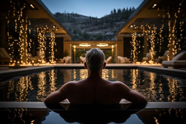 Foto uomo all'interno di una piscina di lusso