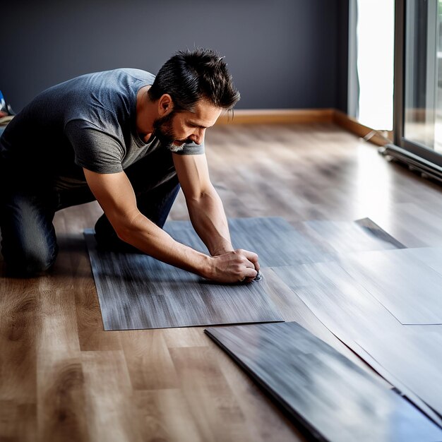 Photo man installing new laminate wood flooring