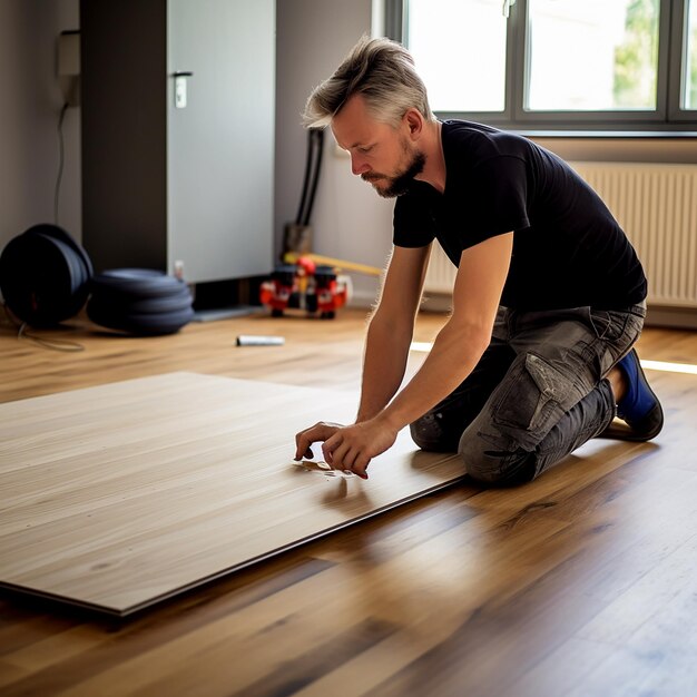 Man Installing New Laminate Wood Flooring