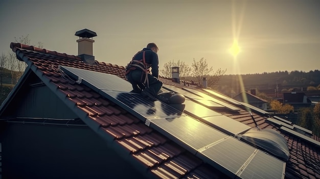 A man installing solar panels on a roof