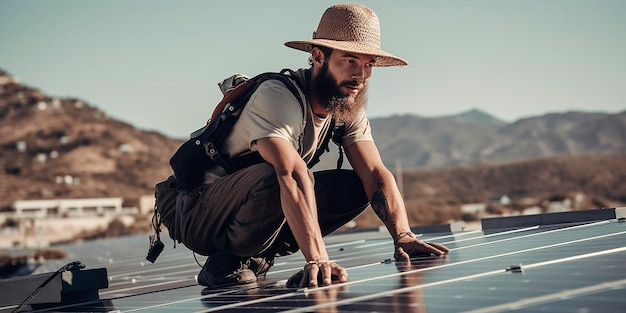 Photo man installing solar panels on top of a roof