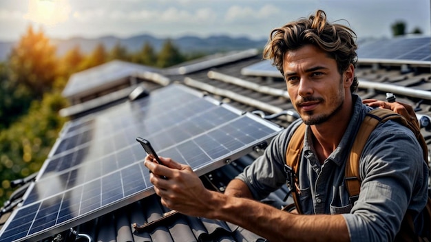 A man installs solar panels on the roof He gets in touch with the customer