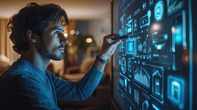 man interacting with futuristic digital interface touchscreen technology innovation data visualization workspace screen analysis design creativity programming modern tools generative by ai
