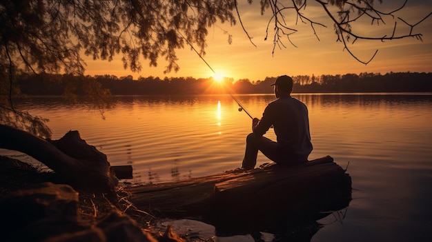 Man is aan het vissen in de avond Mooie illustratie foto Generatieve AI