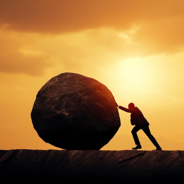 A man is balancing on a rock with the sun behind him.