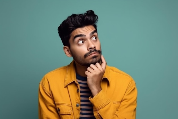 A man is being photographed on a solid background with a look of confusion on his face