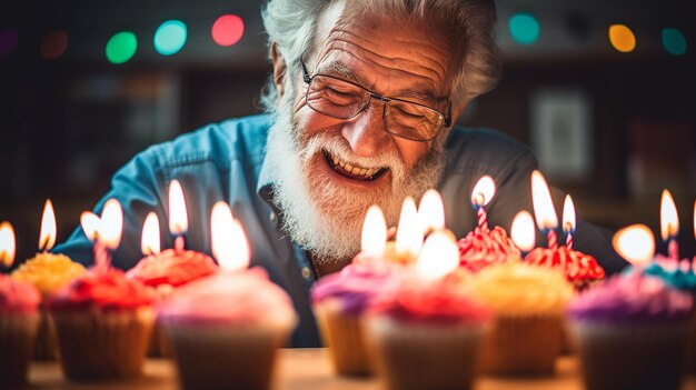 Man is blowing out the candles on the cupcakes