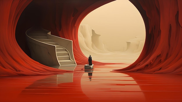 the man is boarding a small boat through the tunnel