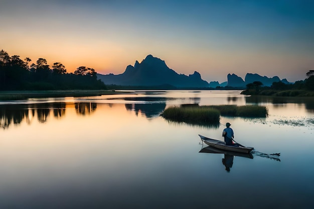 a man is in a boat on a lake at sunset.