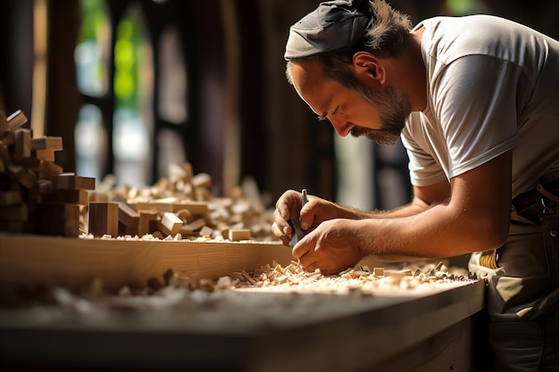 A man is building a timber frame house and nailing the lath