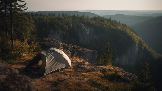 A man is camping in a mountain valley.