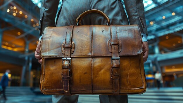 Photo a man is carrying a brown leather bag that says  the brand  on it