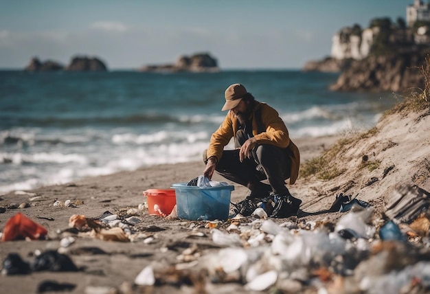 A man is carrying a bucket and a bag of trash on the beach