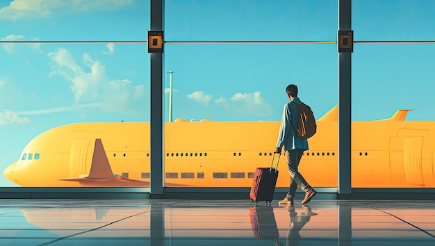 Man is carrying a suitcase in an airport