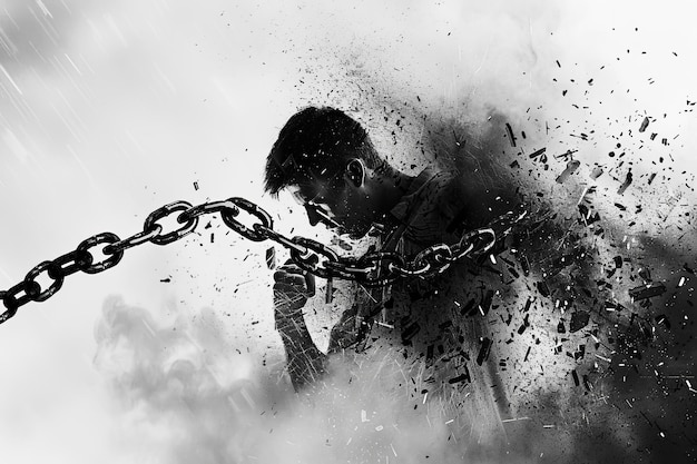 Photo a man is chained to a chain with his head bowed