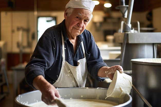 A man is a cheese maker in the process of producing different varieties of cheese in the industry Concept of natural milk cheese making as a business