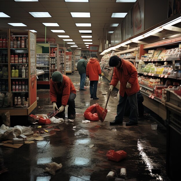 Photo a man is cleaning the floor in a grocery store