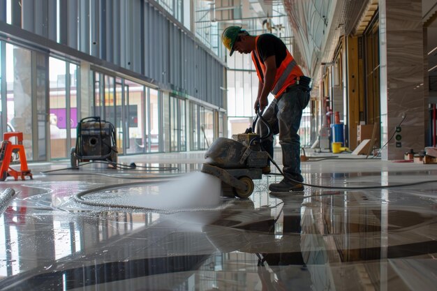 A man is cleaning a floor with a sprayer generative ai image