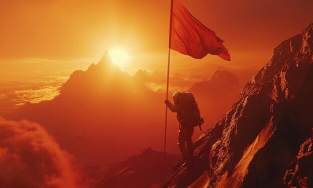 a man is climbing to a mountain holding a backpack and flag