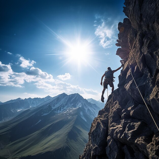 Foto l'uomo sta arrampicandosi sulla montagna