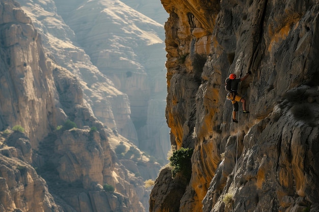 A man is climbing a rock wall with a backpack