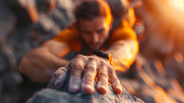 A man is climbing a rock wall with his hand on a rock