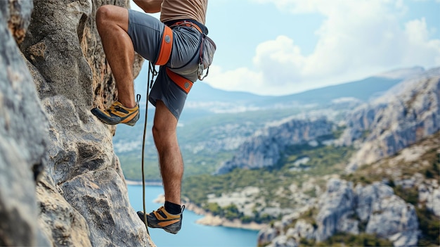 a man is climbing a rock with a mountain in the background