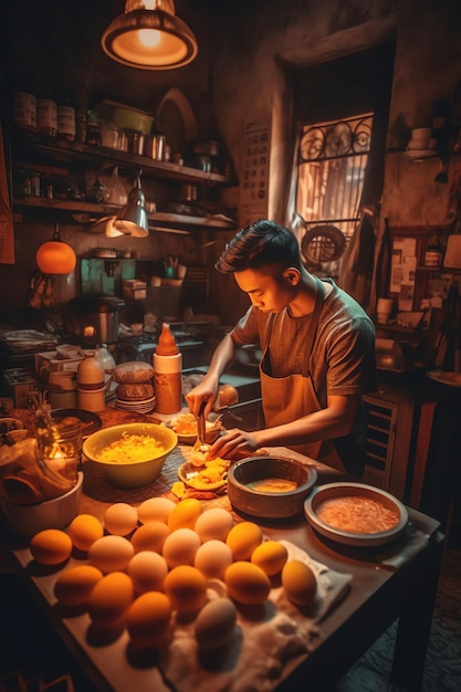 A man is cooking in a dark room with a bunch of eggs on the counter.